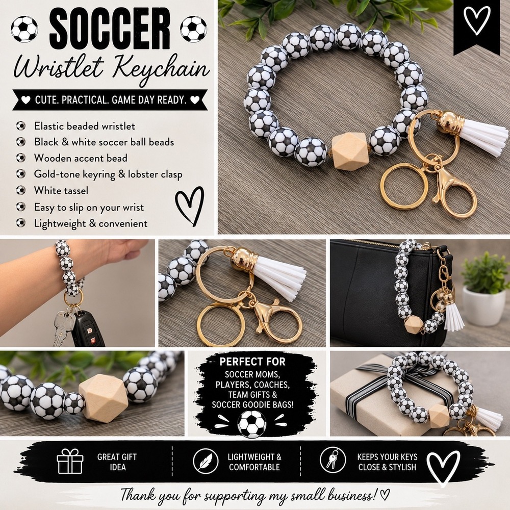 Soccer Wristlet Keychain Beaded Elastic Bracelet Tassel Gold Key Ring Soccer Mom